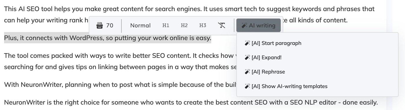NeuronWriter AI writing and paraphrasing interface for rewriting SEO content sections