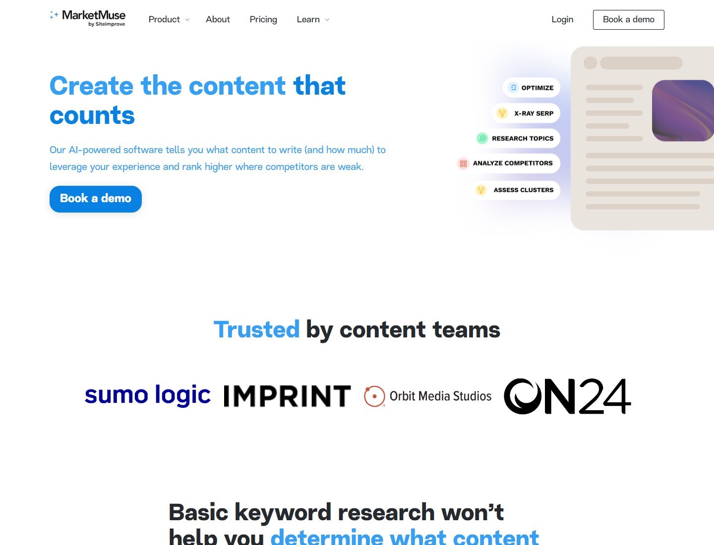 MarketMuse homepage for comparing NeuronWriter alternatives