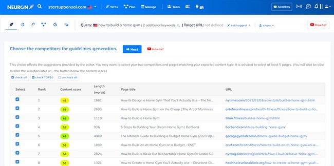 NeuronWriter competitor selection screen used to define the SERP analysis set