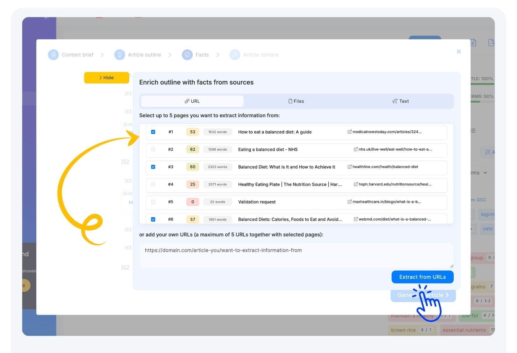 NeuronWriter Content Designer fact extraction from selected sources