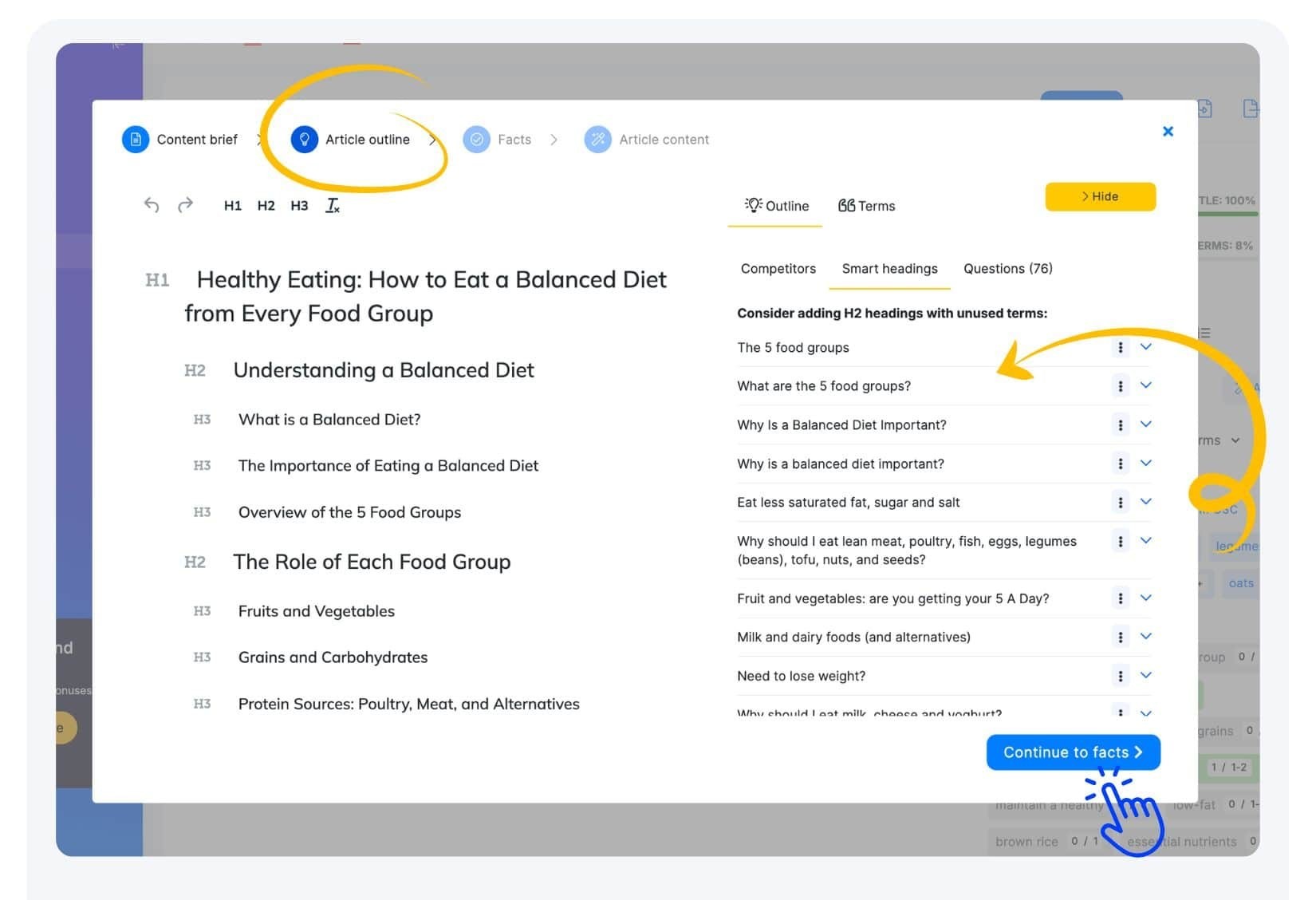 NeuronWriter Content Designer outline with smart headings, competitor headings, and questions
