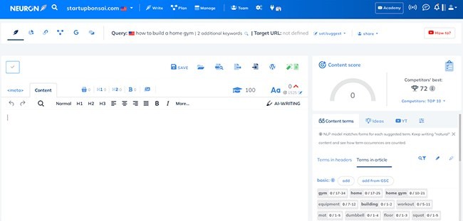 NeuronWriter Content Editor with a draft and optimization recommendations