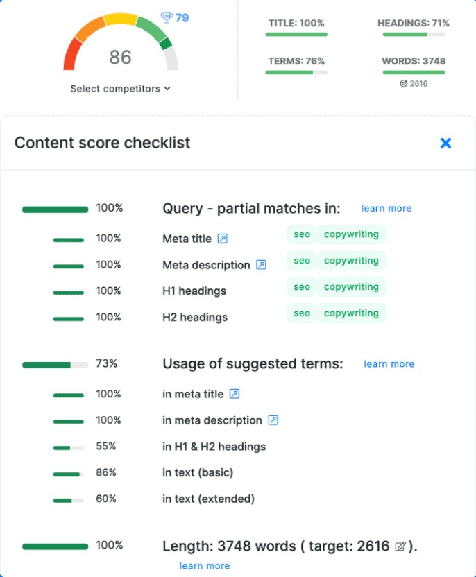 NeuronWriter content optimization editor with AI-powered recommendations and scoring