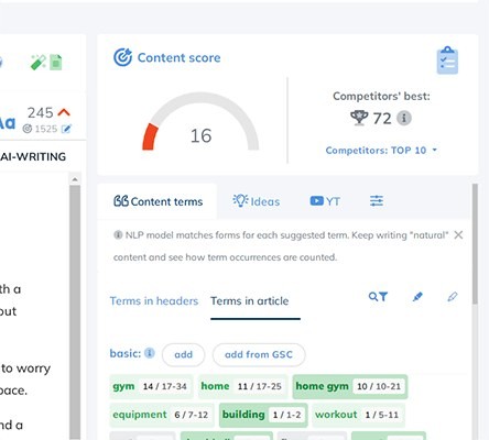 NeuronWriter content optimizer showing NLP terms and a content score