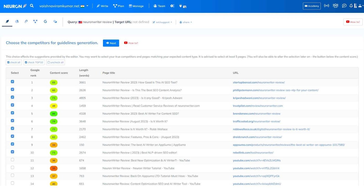 NeuronWriter content planning and competitor analysis interface for SEO content optimization