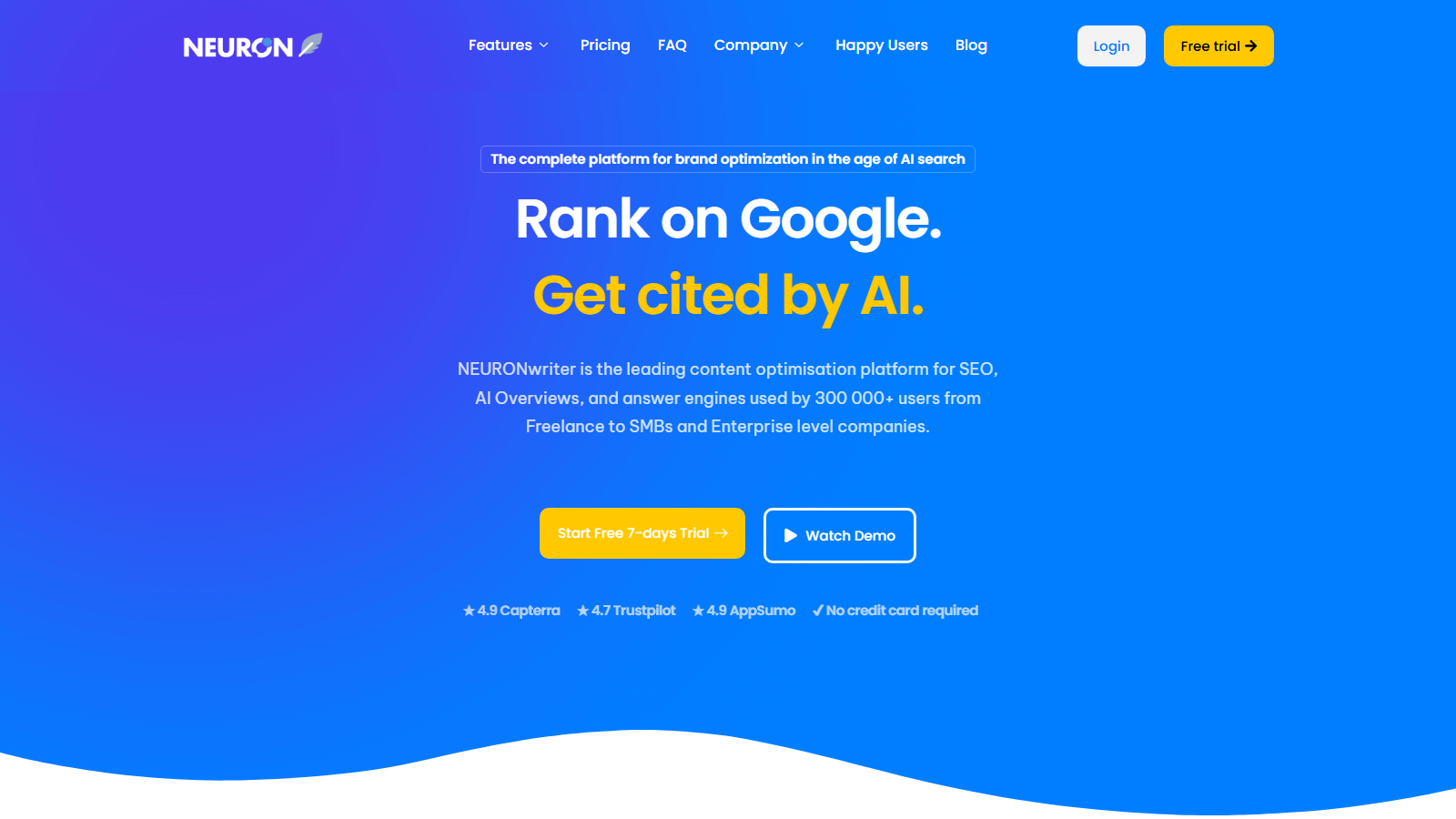 NEURONwriter official homepage presenting semantic SEO optimization and AI search visibility