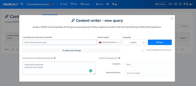 NeuronWriter new query screen for entering a keyword, country, and language