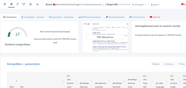 NeuronWriter SERP analysis screen showing competitor pages and ranking insights for a target keyword