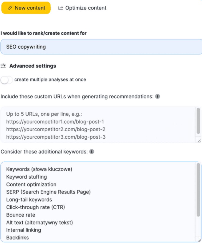 NeuronWriter interface analyzing top-ranking competitor content for a target query