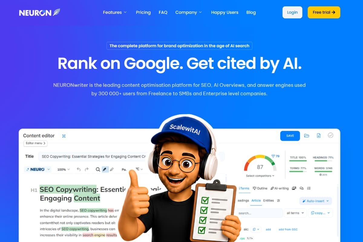 NeuronWriter tutorial workflow with Content Editor, score panel, and publishing checklist