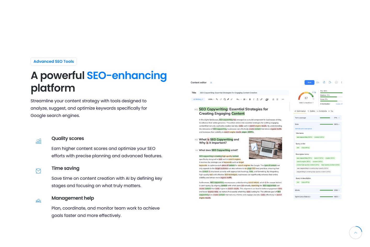 NeuronWriter feature section showing SEO scoring and content optimization workflow