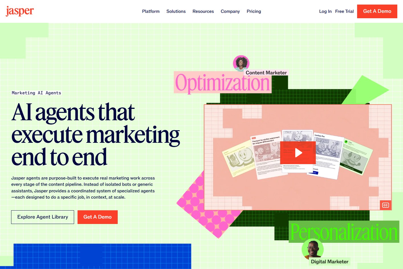 Jasper agents page showing end-to-end marketing workflow automation