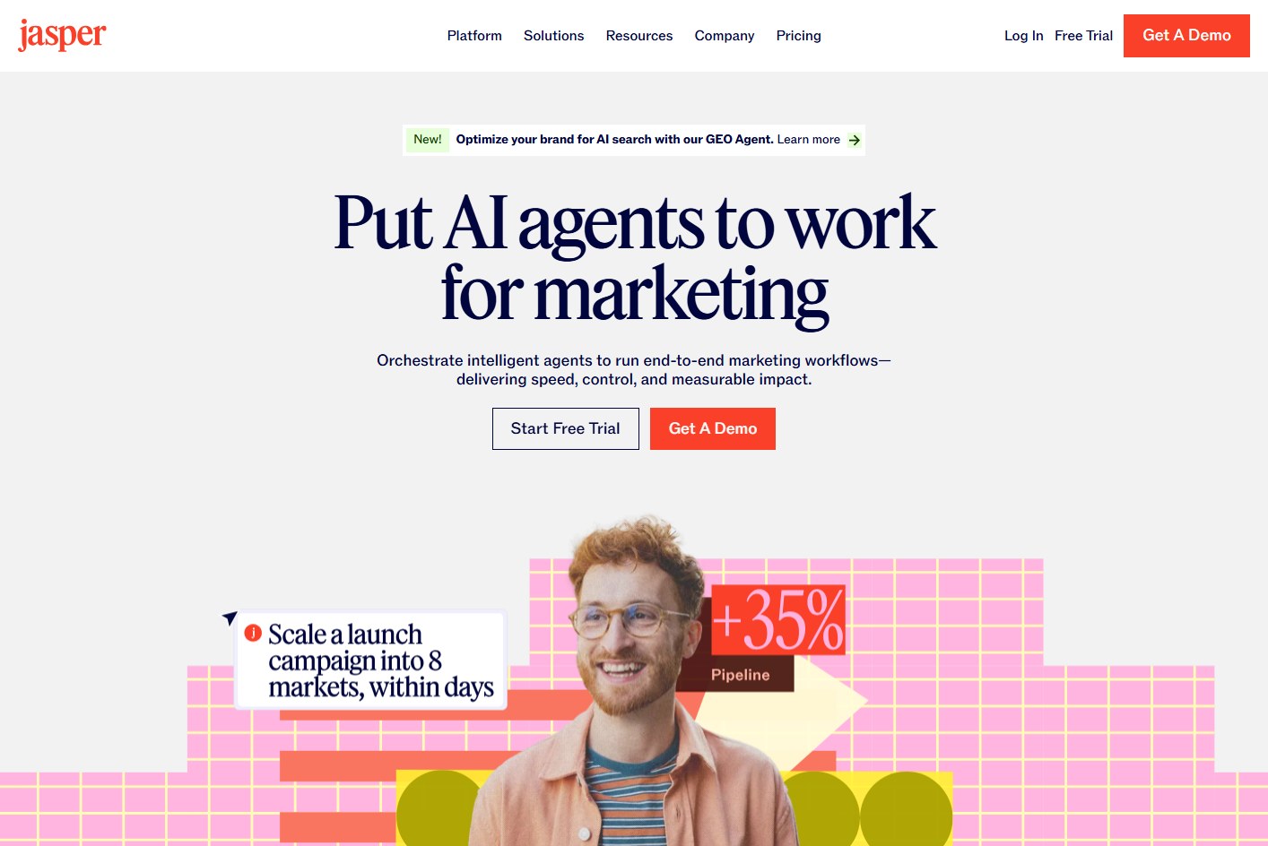 Jasper homepage showing marketing AI agents and campaign execution positioning
