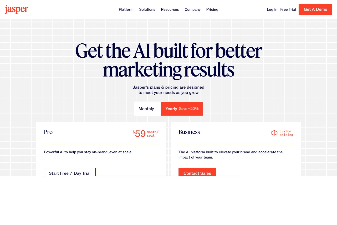 Jasper pricing page showing Pro and Business plan structure