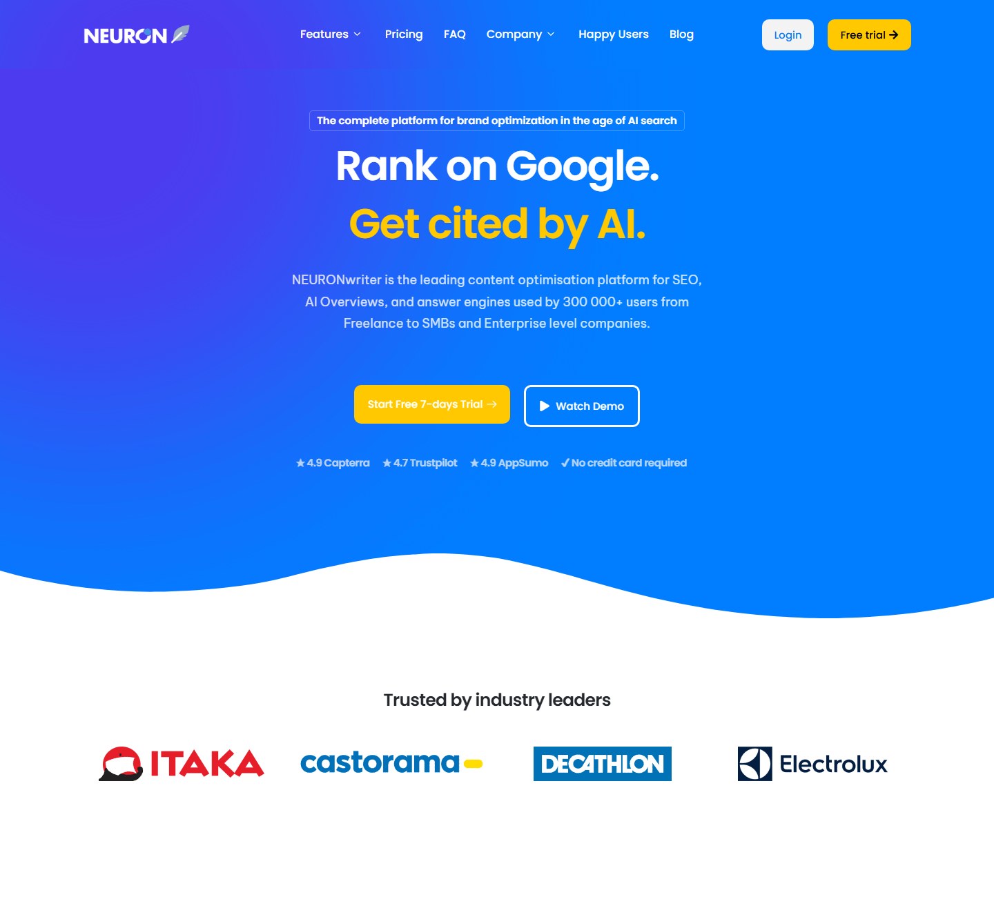 NeuronWriter homepage showing AI SEO content optimization and AI citation positioning