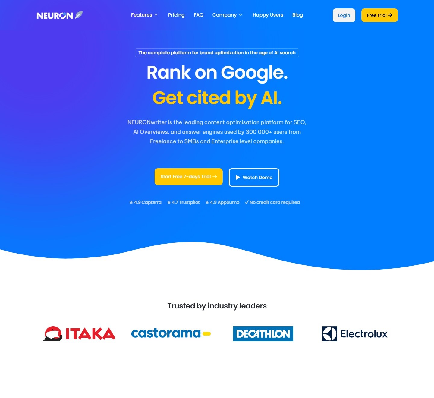 NeuronWriter homepage showing AI SEO content optimization and AI citation positioning