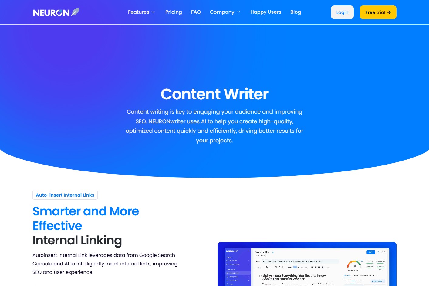 NeuronWriter Content Writer page showing content optimization and internal linking workflow