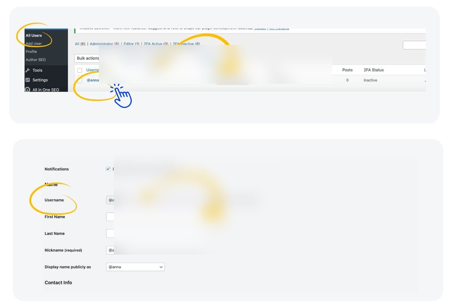 WordPress Users and Profile screens for preparing a dedicated NeuronWriter integration account