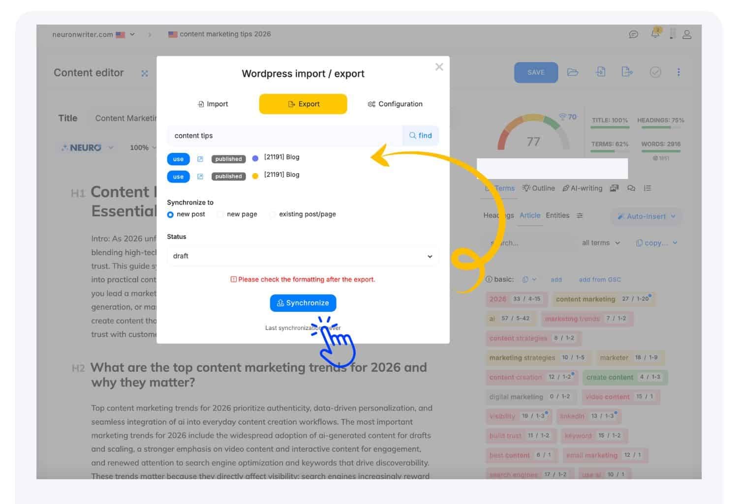 NeuronWriter editor showing the WordPress export workflow for a new article