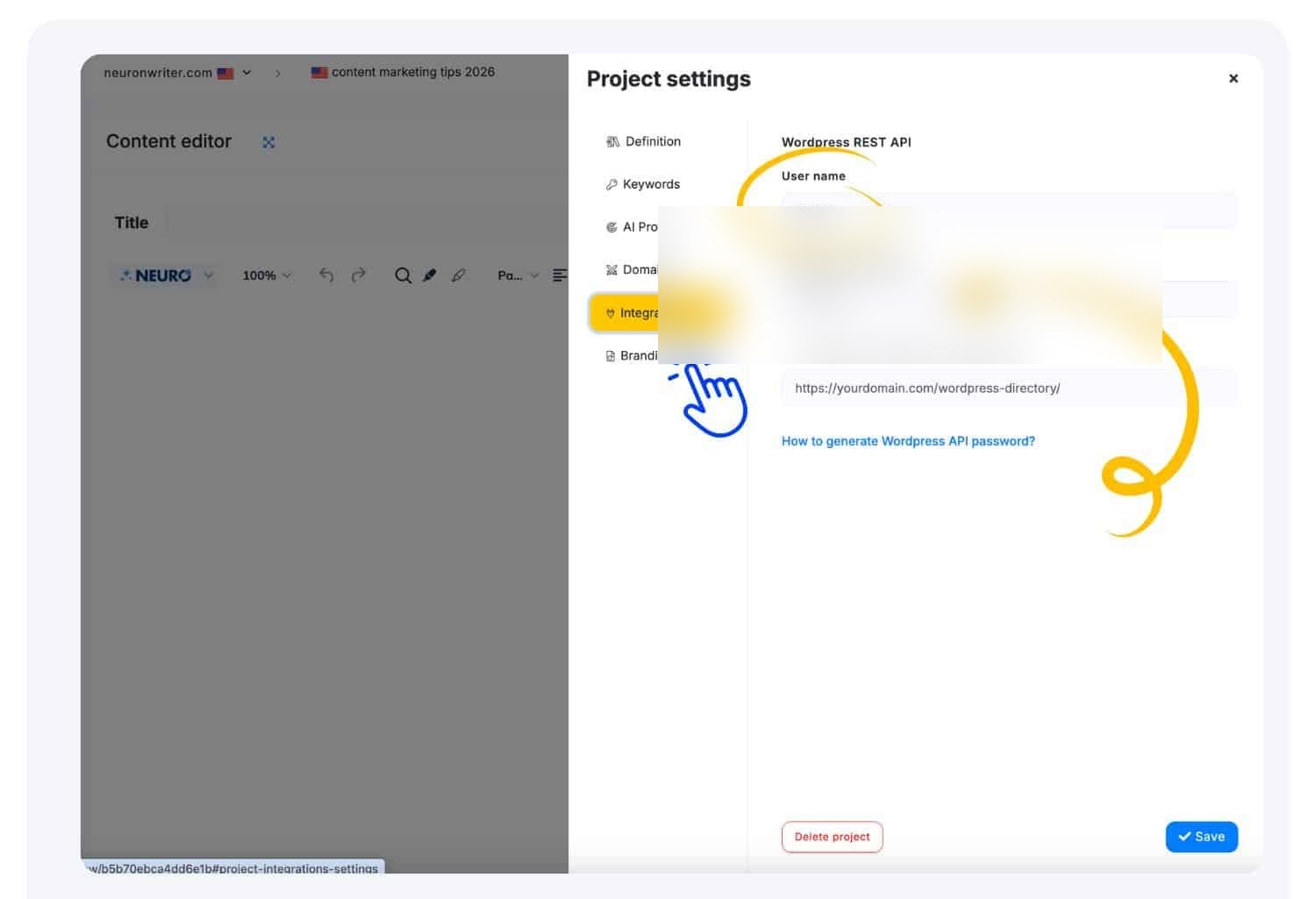 NeuronWriter Project Settings screen for connecting a WordPress site with synchronization credentials