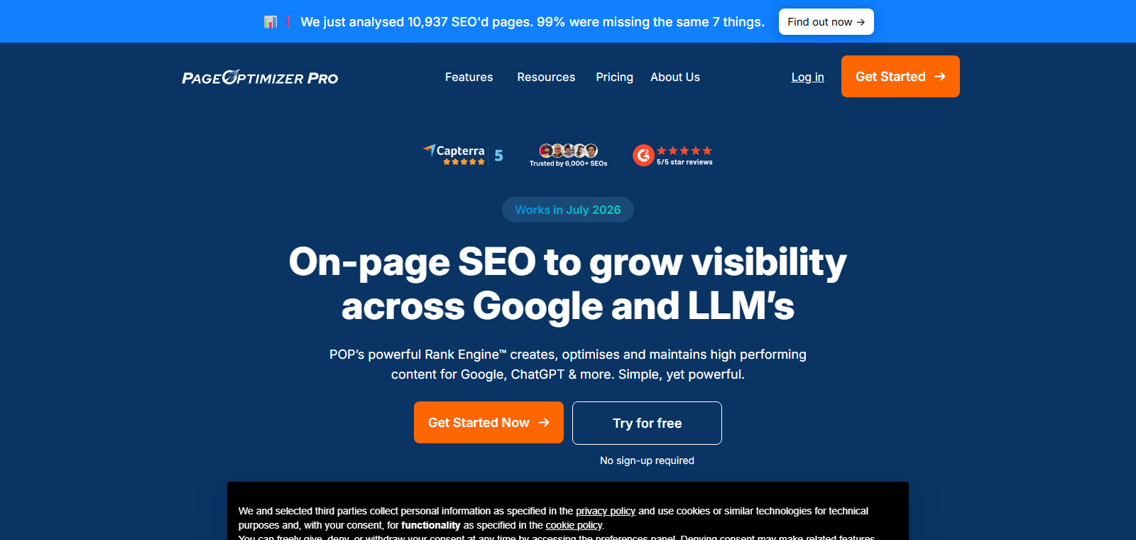 PageOptimizer Pro official homepage highlighting on-page SEO for Google and LLMs