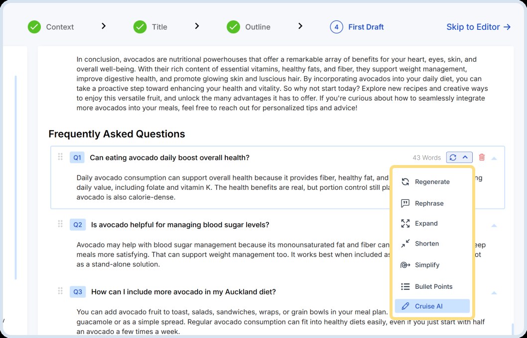 Scalenut Cruise Mode workflow for creating SEO and GEO content