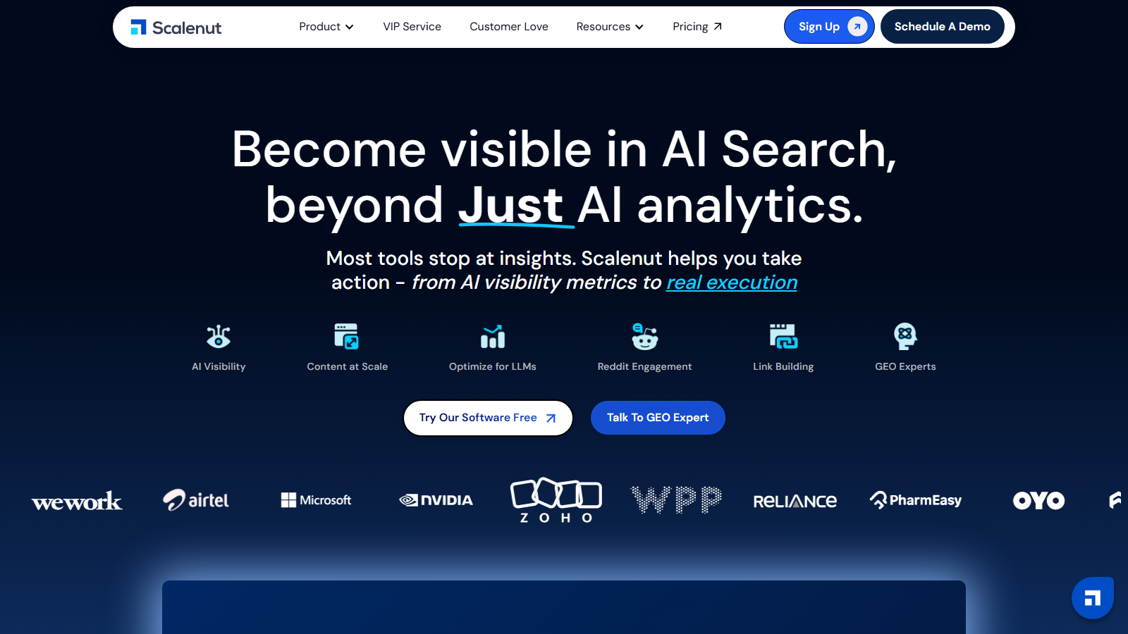 Scalenut official homepage presenting AI search visibility and SEO content workflows