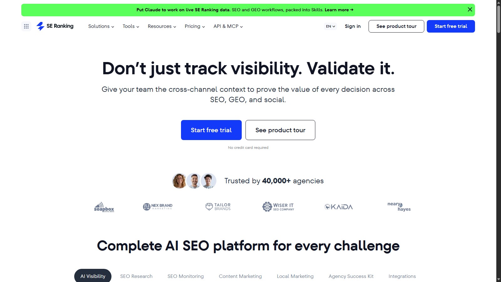 SE Ranking homepage for agency SEO, AI visibility, and reporting