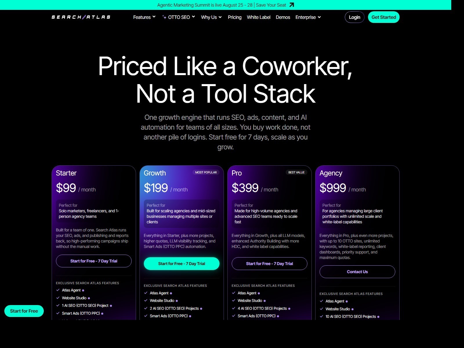 Search Atlas pricing page with Starter, Growth, Pro, and Agency plans