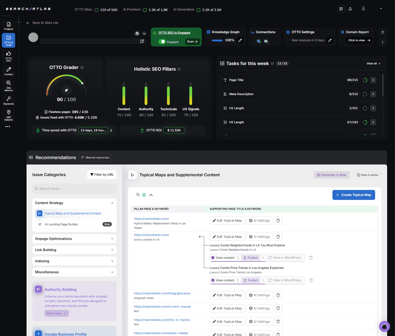 Search Atlas OTTO SEO grader dashboard for technical and on-page automation