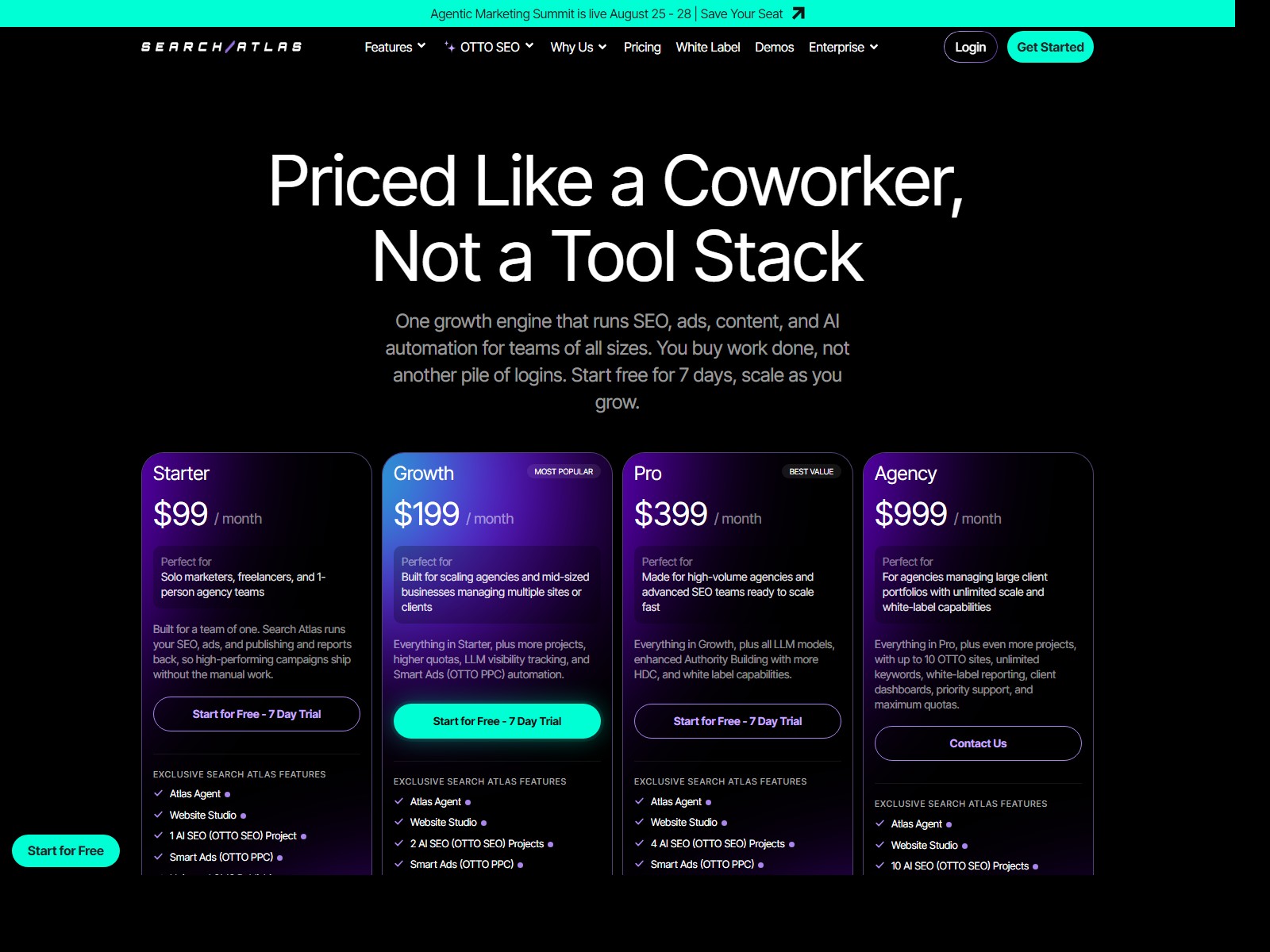 Search Atlas pricing page showing Starter, Growth, Pro, and Agency plans