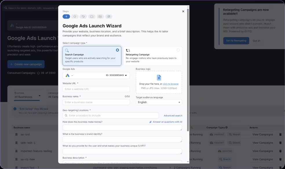 Search Atlas tutorial view of the Smart Ads Google Ads launch wizard