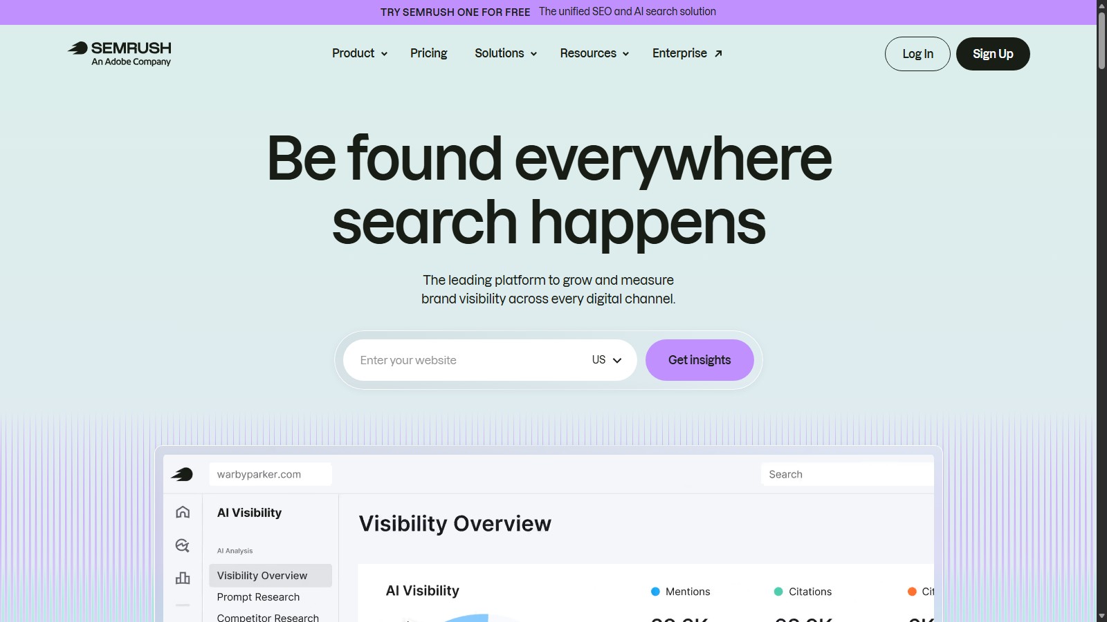 Semrush homepage for multi-channel search and brand visibility
