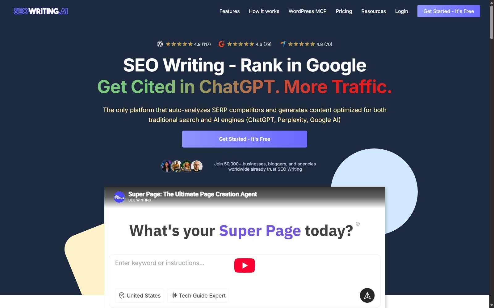 SEO Writing AI homepage showing the free signup path