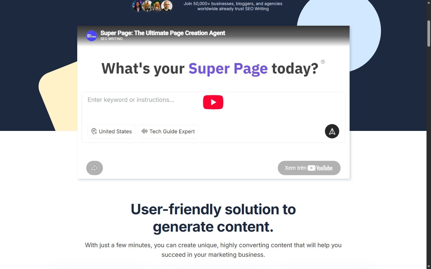 SEO Writing AI homepage showing one-click and bulk article automation