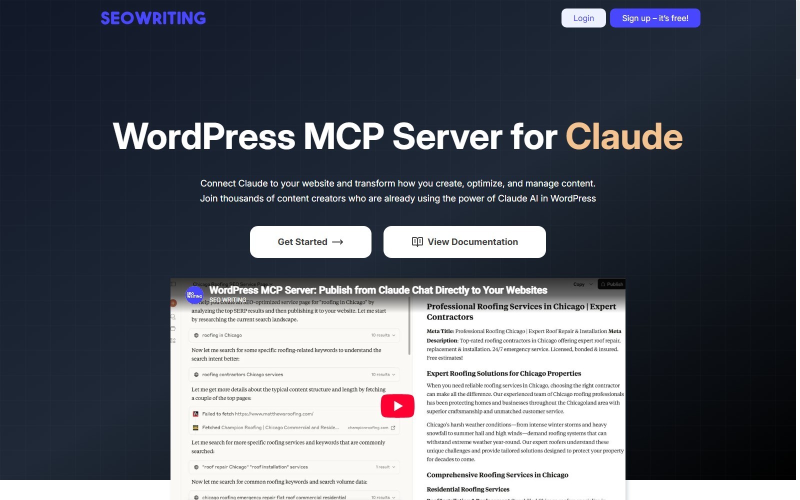 SEO Writing AI WordPress MCP page explaining connected publishing