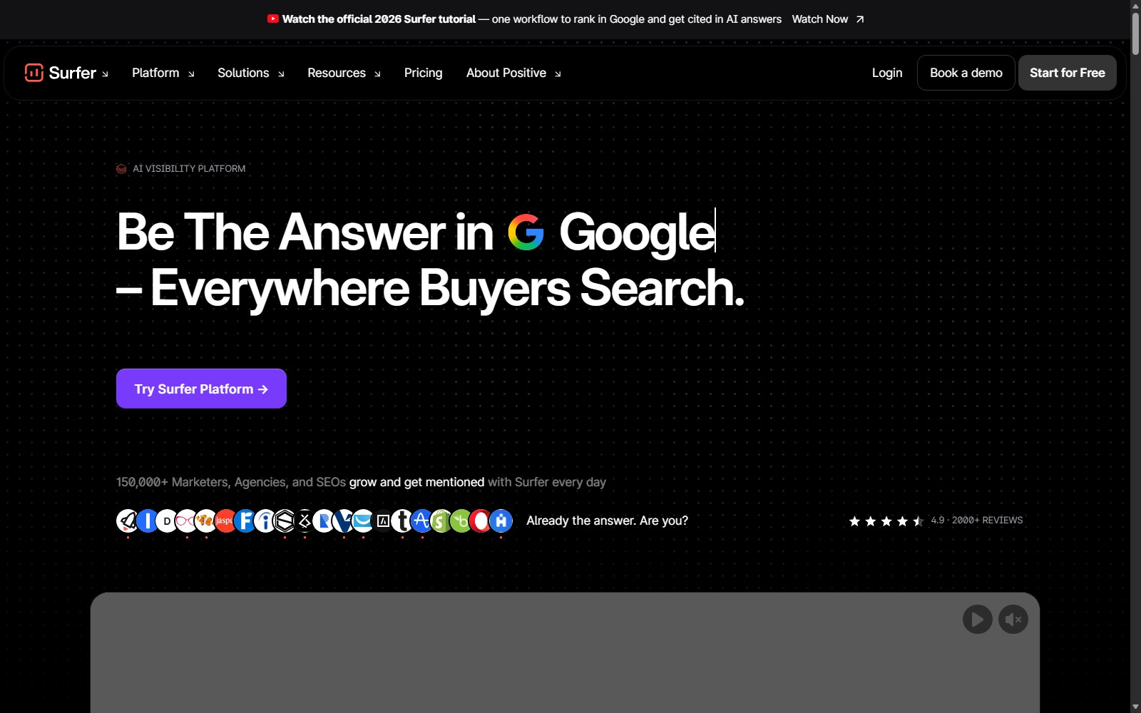Surfer homepage showing its AI content optimization platform