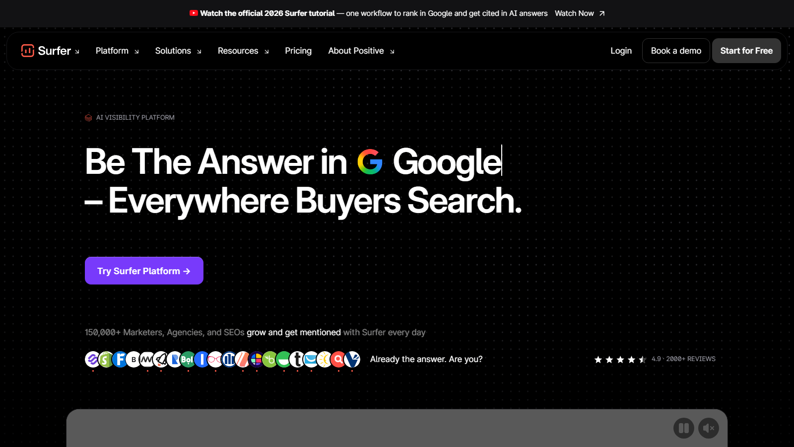 Surfer official homepage showing AI search and content optimization positioning
