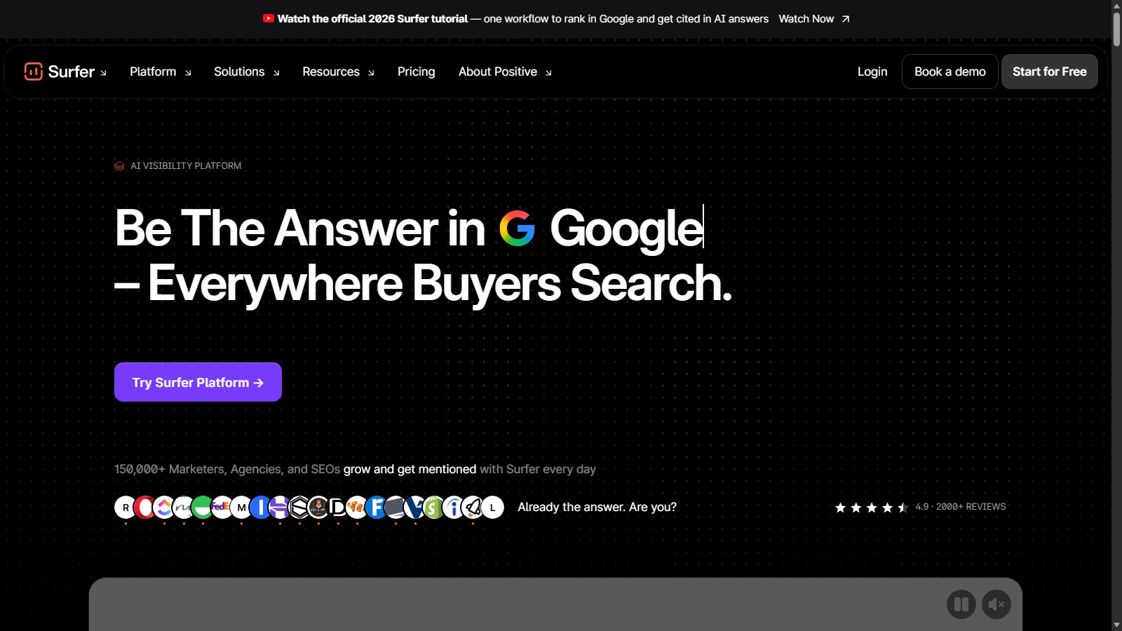 Surfer homepage for content optimization and AI search visibility