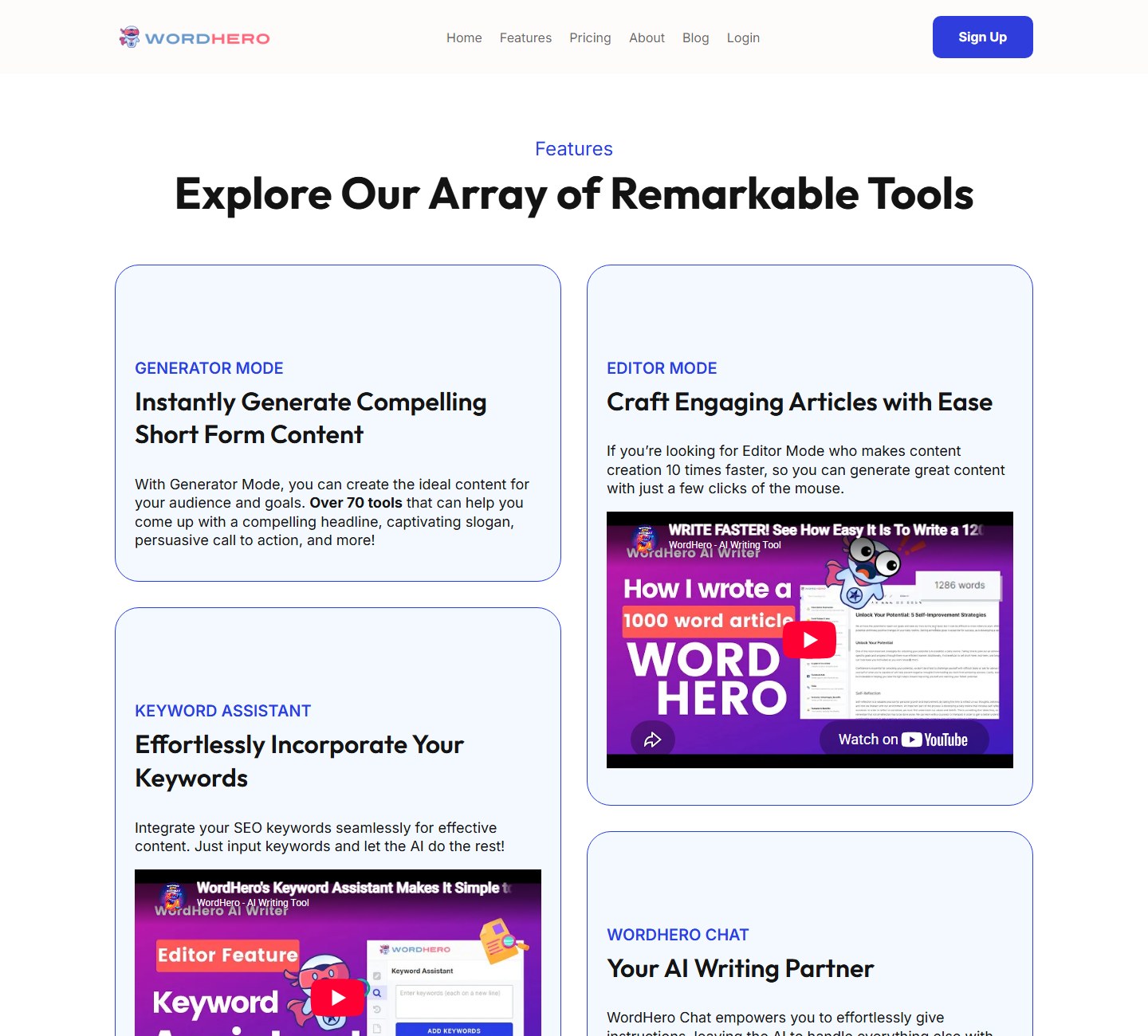 WordHero features page showing AI writing modes and SEO keyword workflow