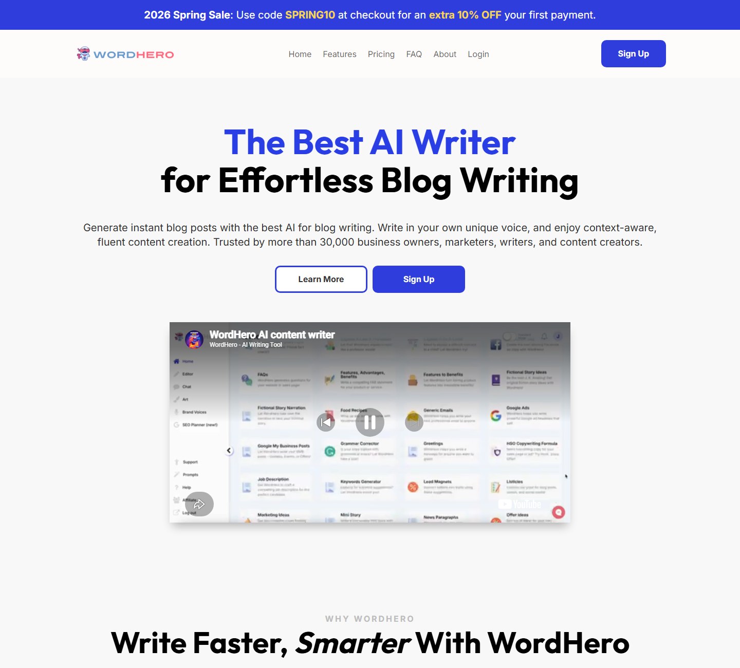 WordHero homepage showing AI blog writing and brand voice positioning