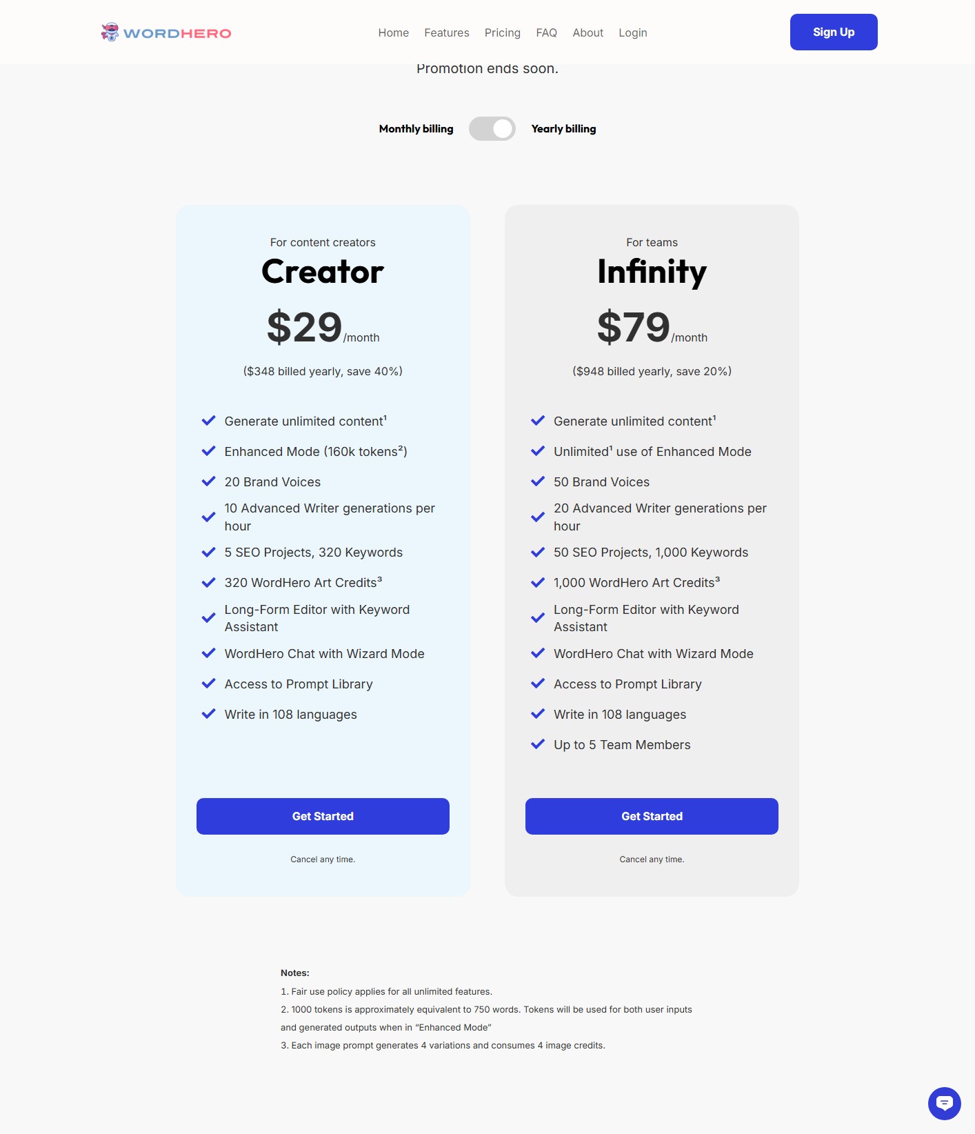 WordHero pricing showing Creator and Infinity yearly plans
