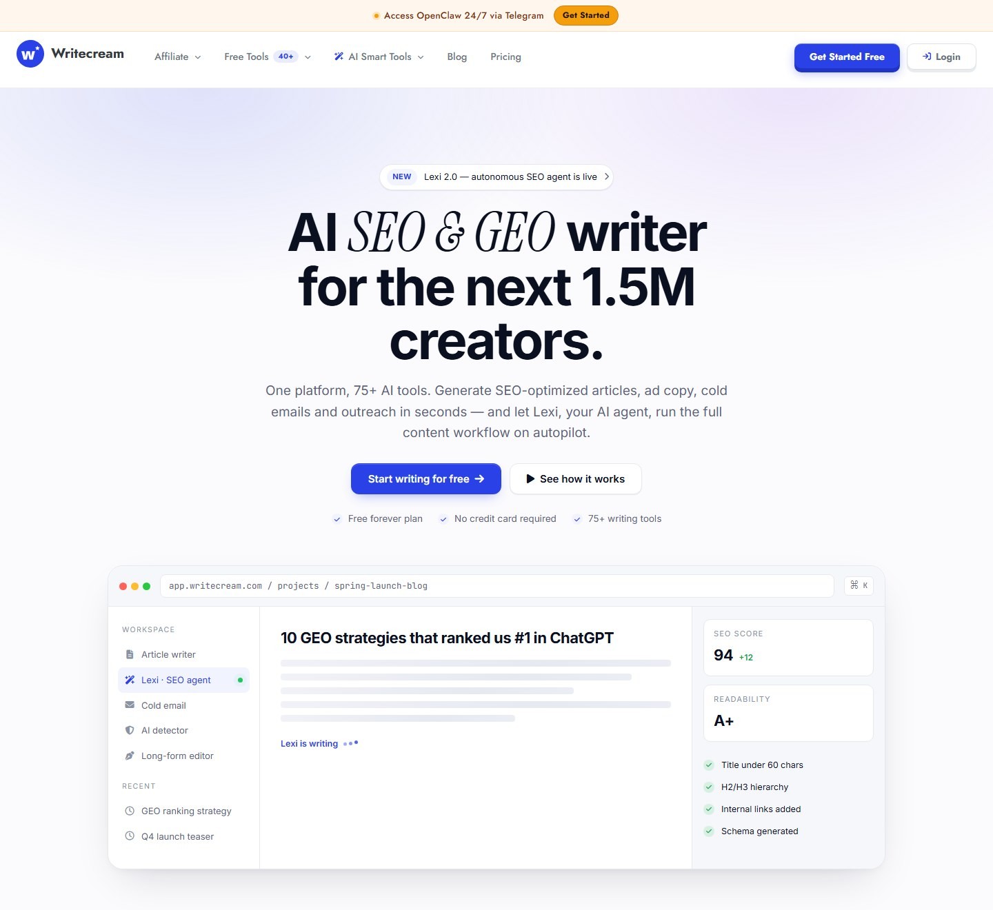 Writecream homepage showing AI SEO GEO writing and multi-format content tools