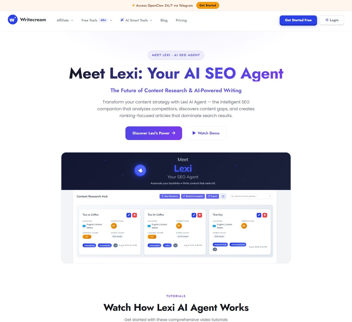 Writecream Lexi AI Agent showing SERP analysis and SEO content scoring