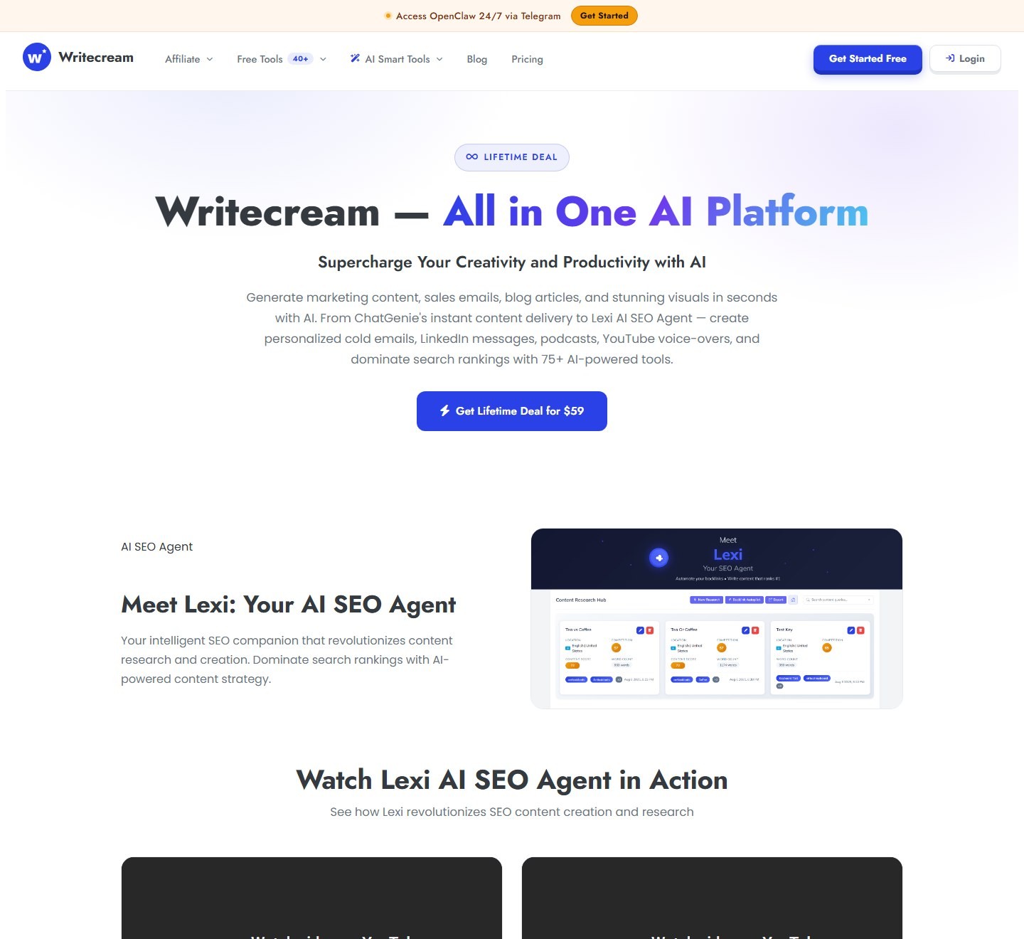 Writecream lifetime deal showing promotional access to its AI SEO content suite