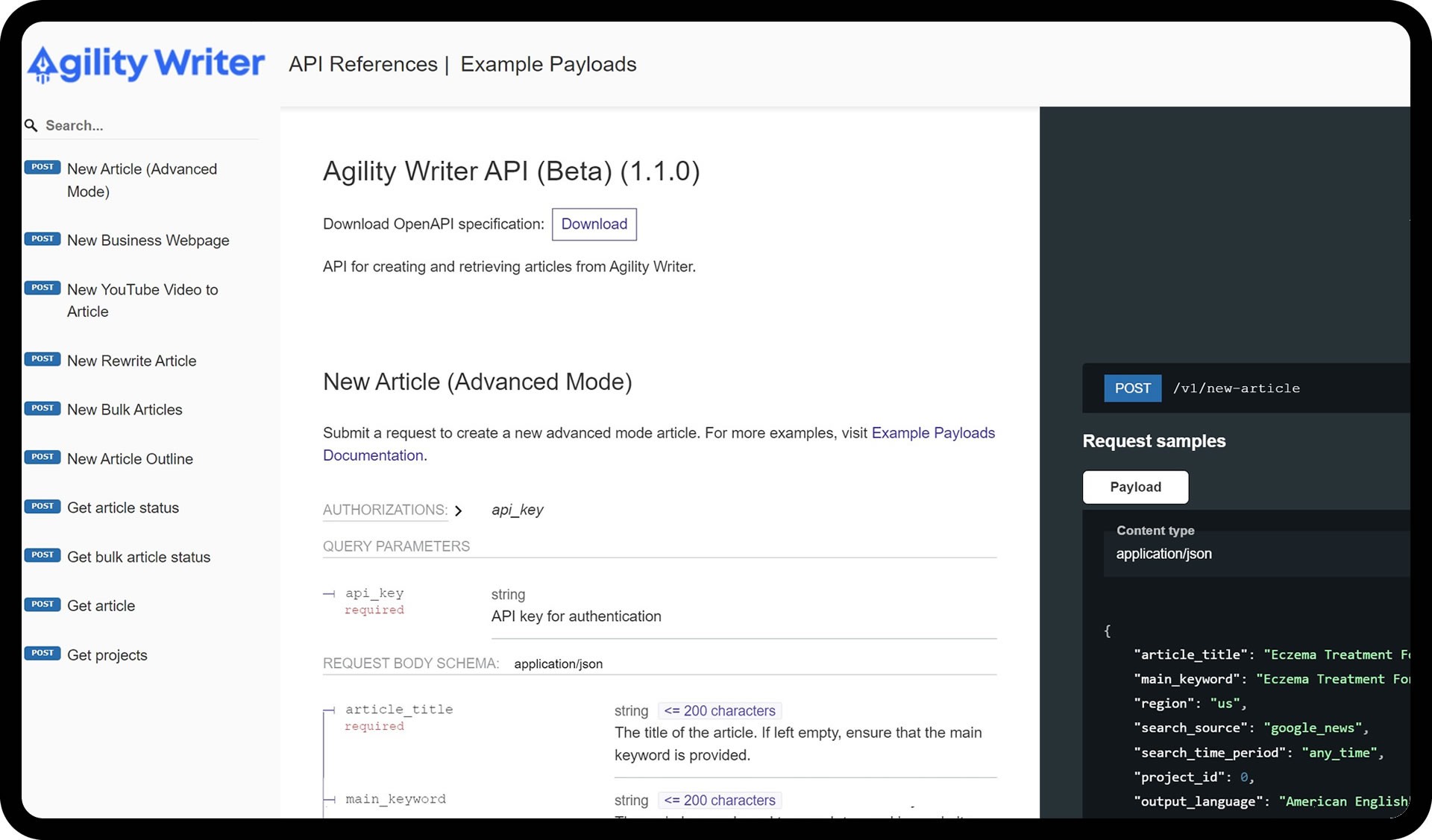 Agility Writer API integration workflow for programmatic article generation