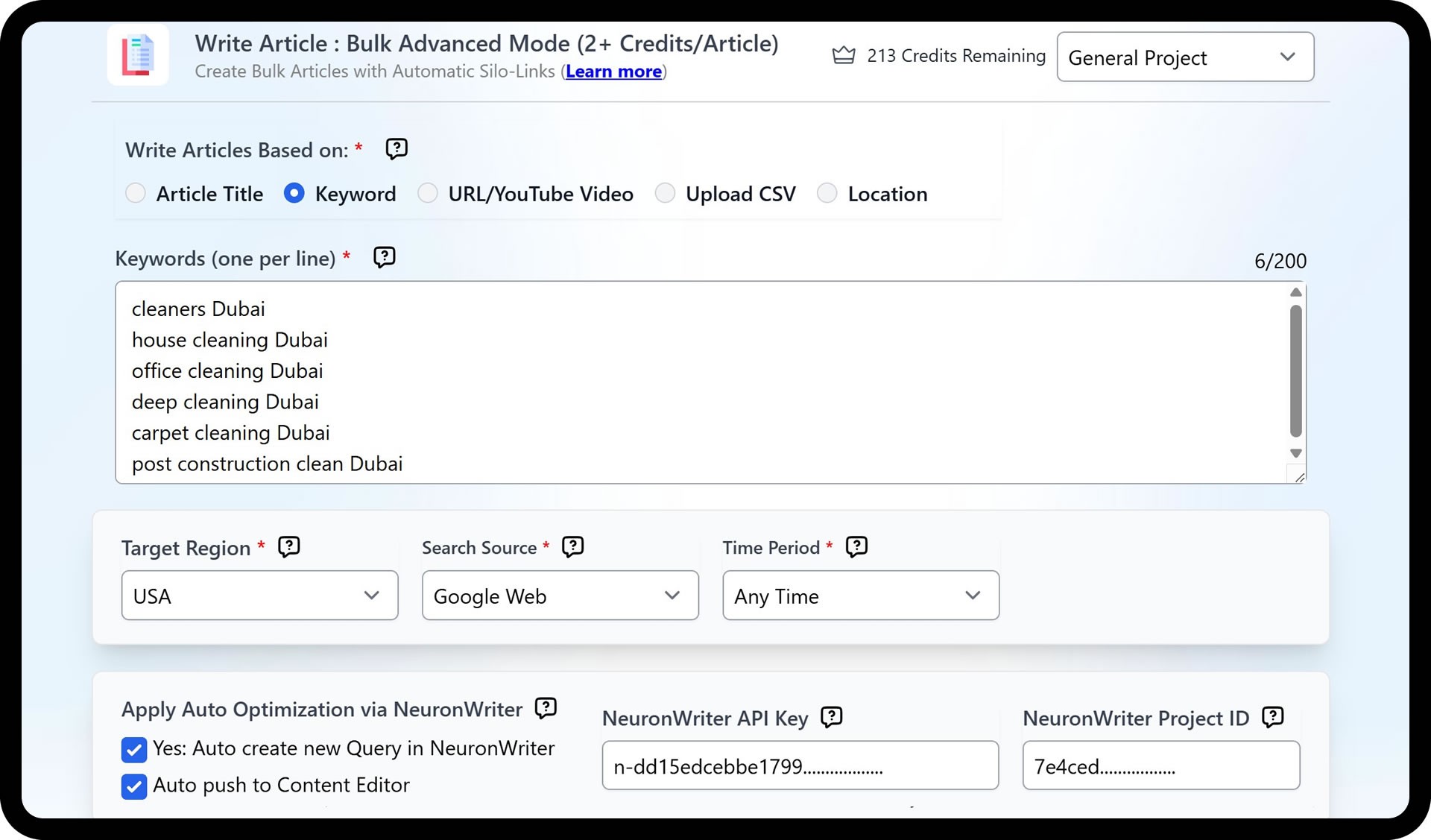Agility Writer Bulk Generation queue for scaled SEO content production