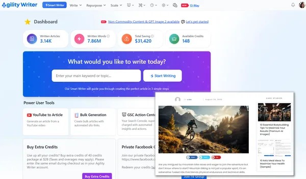 Agility Writer dashboard showing article projects and SEO workflow tools