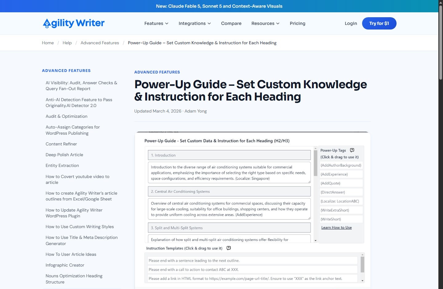 Agility Writer Power-Up Guide with per-heading tags and instruction controls