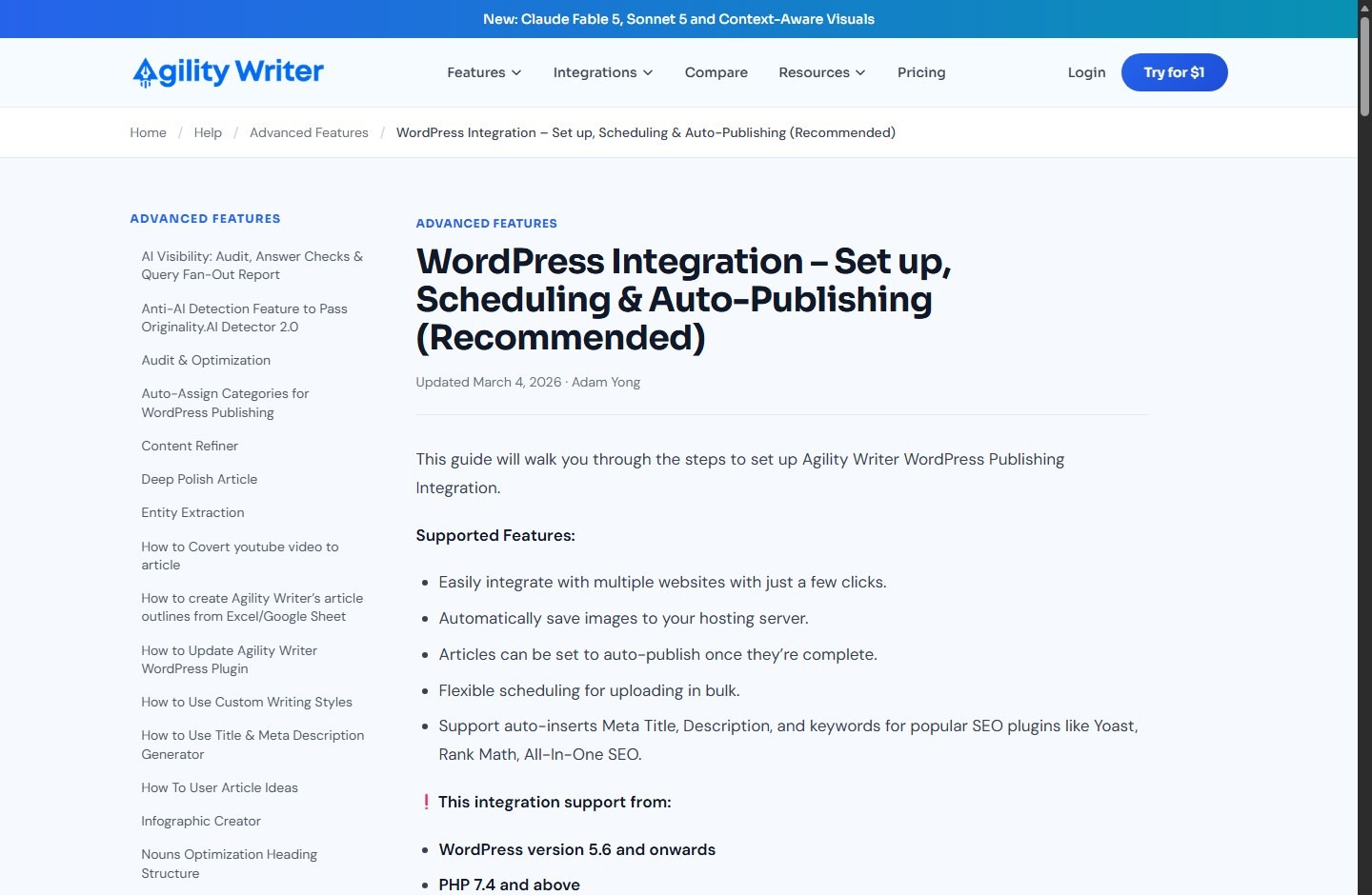 Agility Writer WordPress integration separates generation from staged CMS publishing